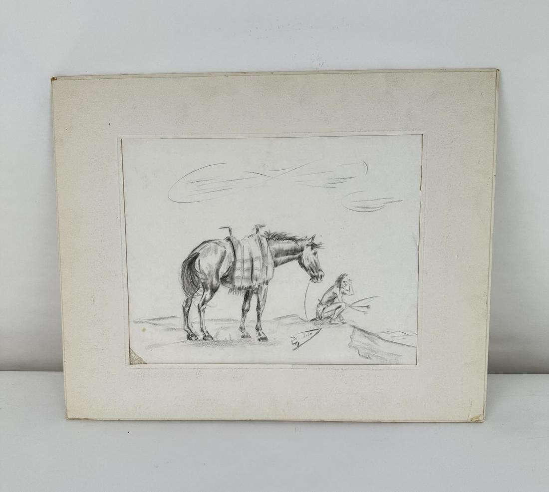 George McKee Cochran Indian Drawing: 20" by 16" George McKee Cochran (1908 - 1990) was active/lived in Oregon, Oklahoma. George Cochran is known for Painter, cartoonist, illustrator, writer. Allard Auction Collection Inv: ZUR 42495