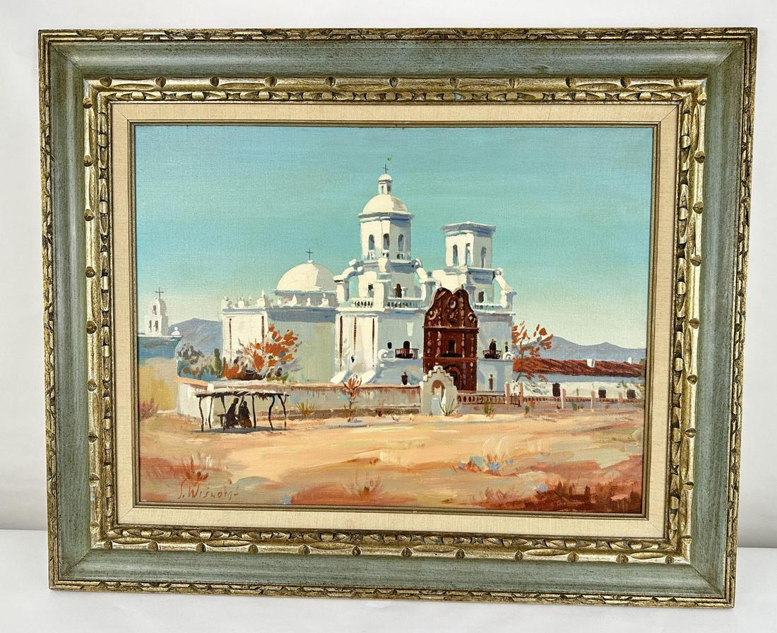 Sam Wisnom San Xavier Del Bac Painting: 32" by 26" framed. Tucson, AZ Sam Wisnom (late 20th century) was active/lived in Arizona. Sam Wisnom is known for Landscape, genre, western sculpture, illustrator. Allard Auction Collection Inv: AX
