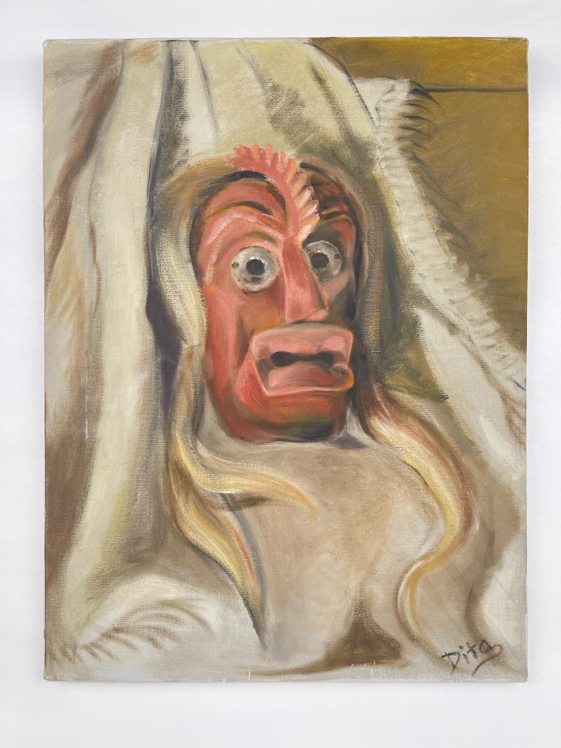 Iroquois Indian False Face Dancer Painting: 18 1/2" by 24 3/8". Allard Auction Collection Inv: LOG