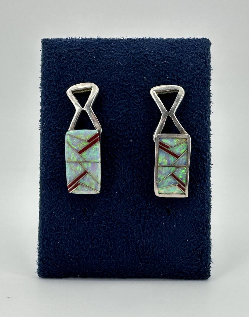 Zuni Fire Opal Inlaid Sterling Earrings (1 of 6)