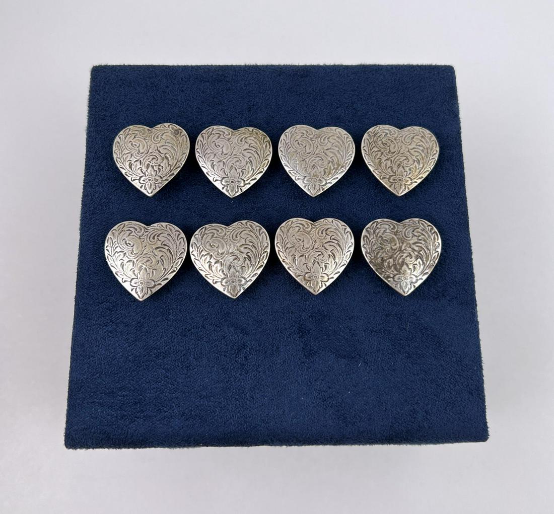 Sterling Silver Engraved Cowboy Button Covers: Heart shaped. Very well made. No maker marks.
