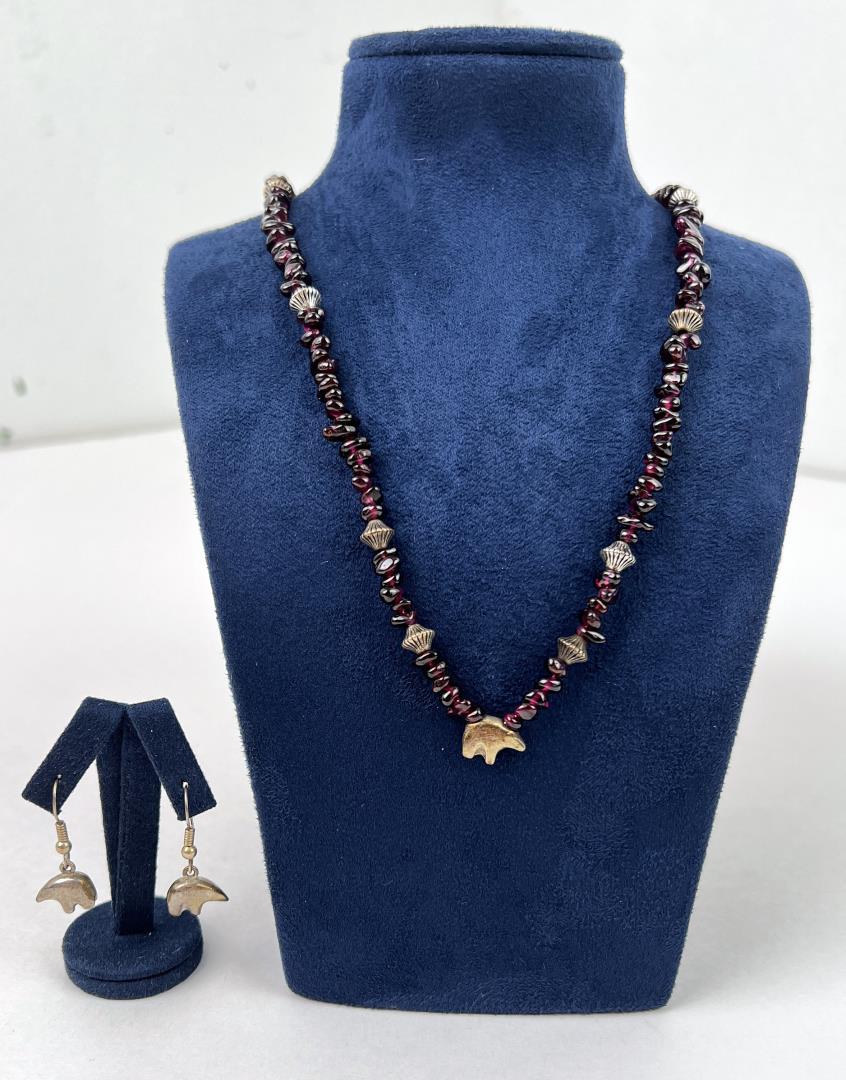 Gate House Designs Taos Collection Jewelry: Garnet and Sterling Silver. Necklace is 26 3/8" long open.