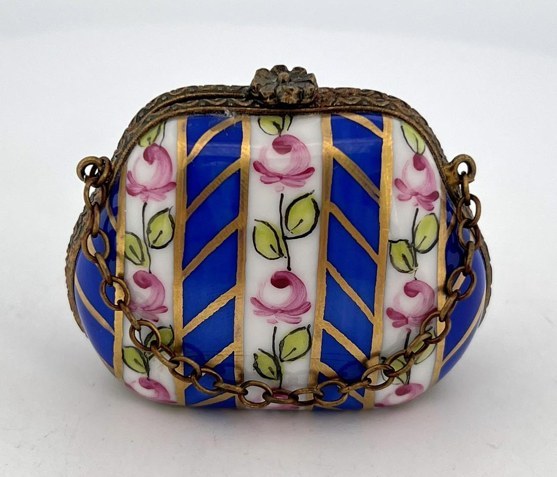 Limoges France Porcelain Purse Trinket Box: 1 7/8" long, 1 1/2" tall.