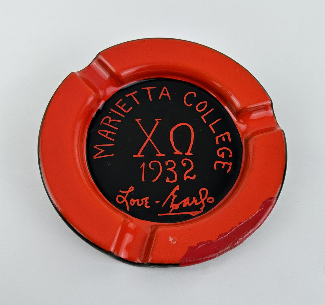 Marietta College Chi Omega Fraternity Ashtray: Enamel. Was chipped at some point and repaired. 5 1/2" diameter.