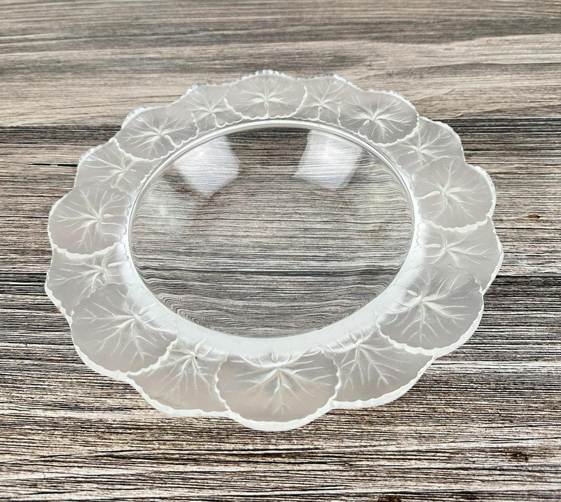 French Lalique Crystal Geranium Bowl: 10 3/4" diameter.