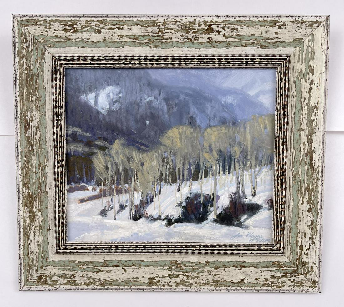 Joe Wayne Montana Painting: Oil on Board. 15 3/4" by 17 3/4" framed. Joe Wayne (Born 1970) is active/lives in Montana. Joe Wayne is known for Landscape, western, wildlife. To Joe Wayne, painting is like a good poem: Neither reve
