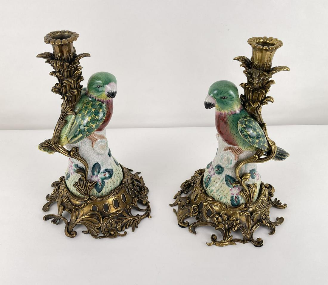 French Porcelain Ormolu Bronze Parrot Candlesticks (1 of 13)
