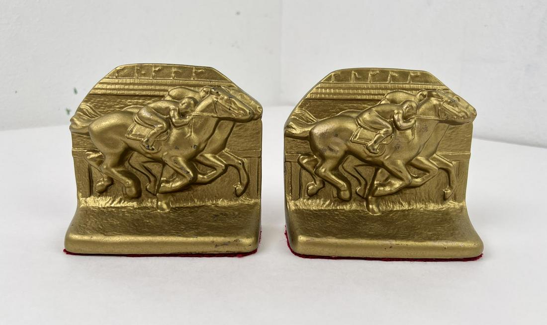 Cast Iron Horse Racing Bookends: 4 3/4" long, 4 1/4" tall.