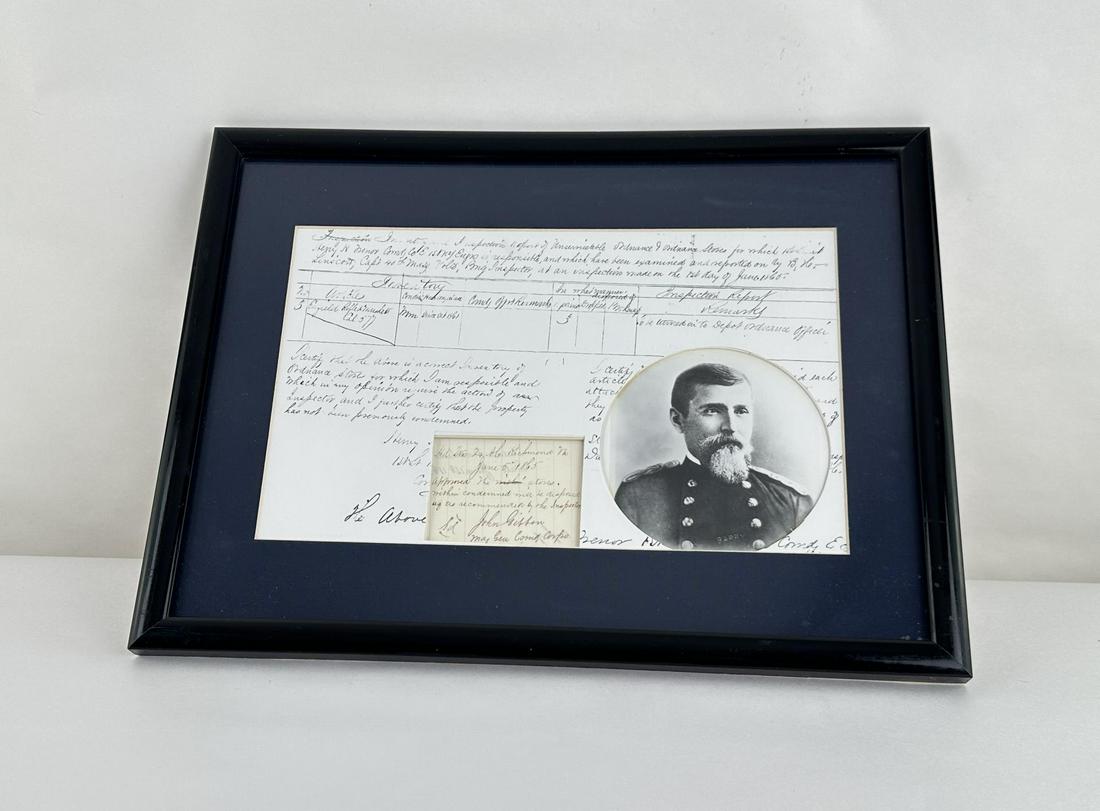 John Gibbon Montana Military Signature: Trimmed document signature. 13" by 17" framed. Trimmed document is dated 1865 Richmond Virginia.