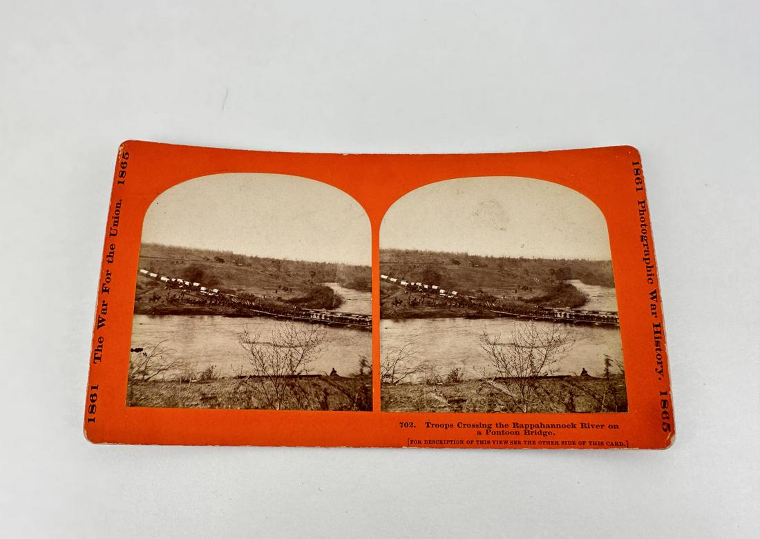 Civil War Taylor & Huntington Stereoview: Troops Crossing the Rappahannock River on a Pontoon Bridge