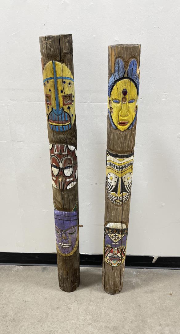 Pair of Mid Century Tiki Totem Poles: 51 1/2" tall.