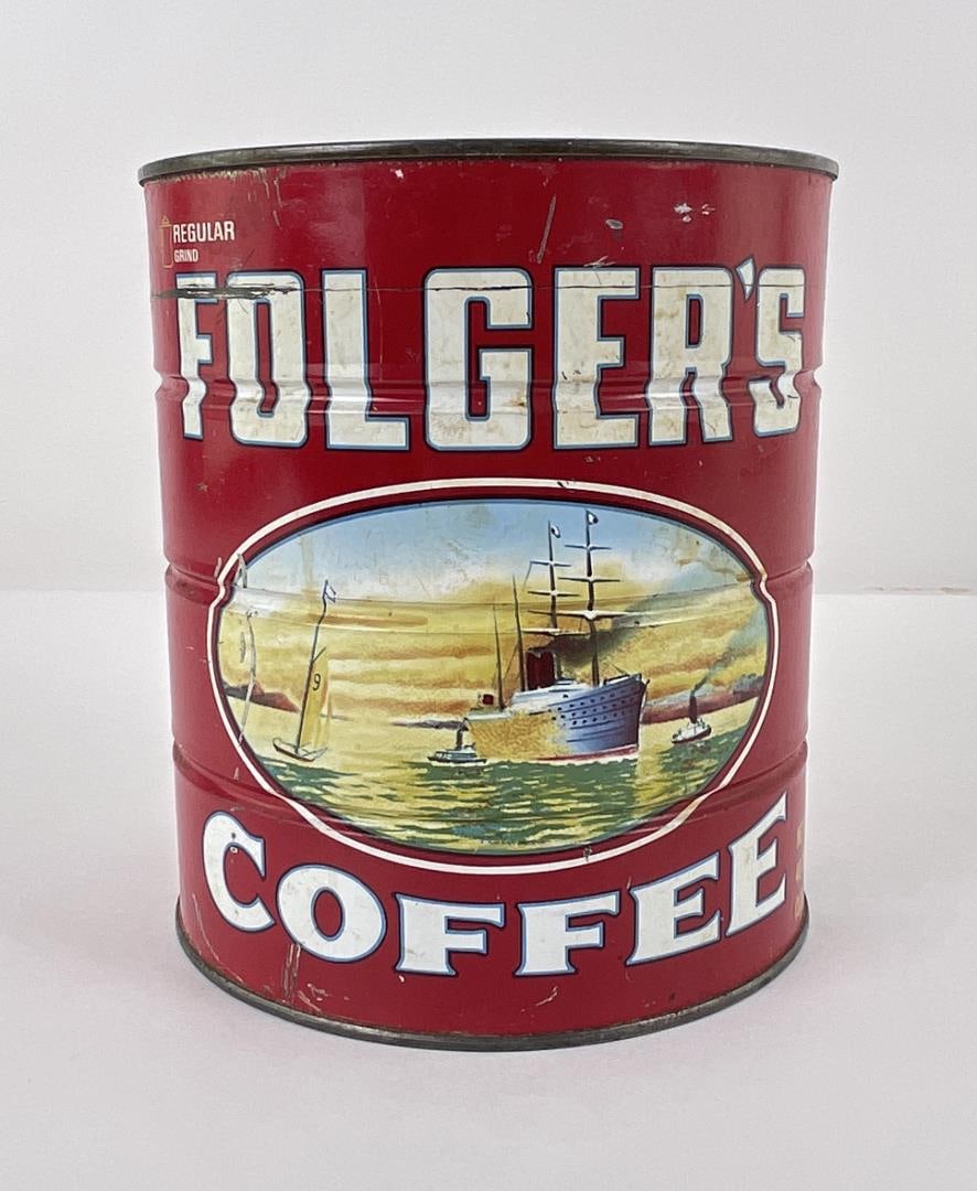 Folgers Coffee Tin Can 3 Pound Size: Nice old can. Measures 7" x 6 1/5" x 6"