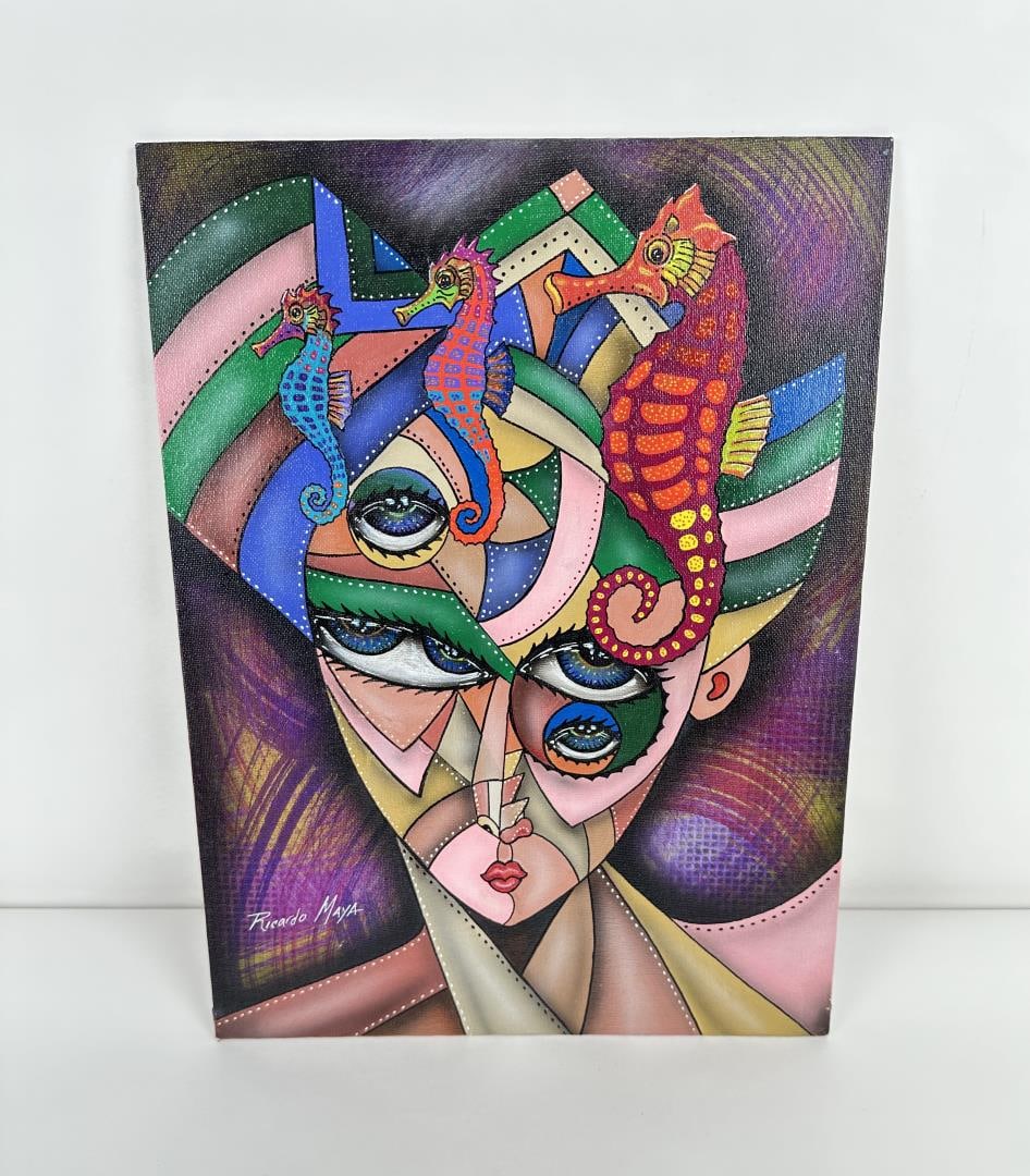Ricardo Maya Oil on Board Painting: 15 3/4" by 11 7/8". Artist is Cuban Born Ricardo Maya. Now living in Nicaragua. Ricardo Maya (Born 1969) is active/lives in Cuba, Nicaragua. Ricardo Maya is known for Abstract, surrealist figure paint
