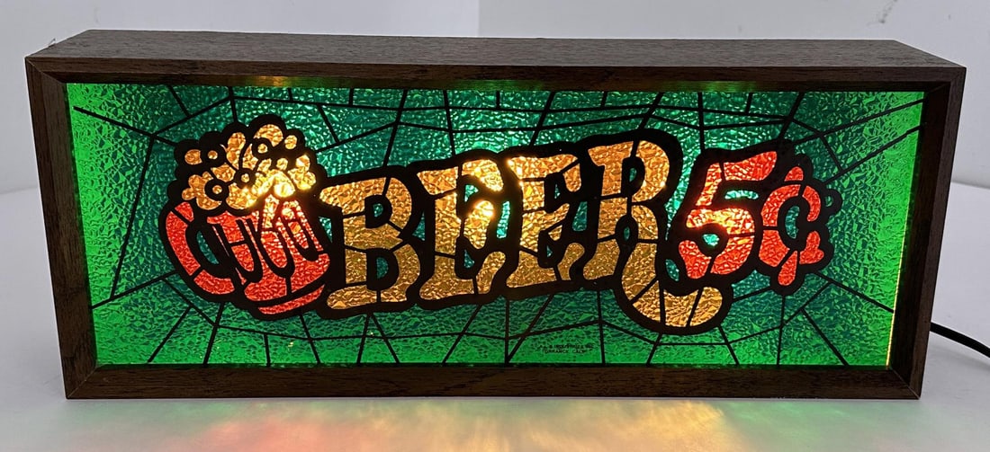 Lighted Stained Glass Style Beer Sign: 16 1/2" by 6 7/8" by 5".