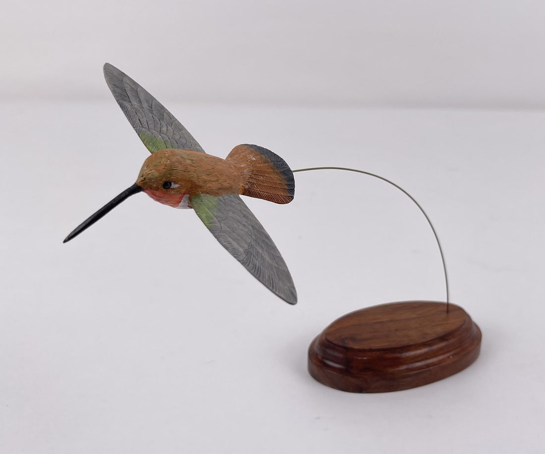 Folk Art Carved Wood Hummingbird: 8 1/8" long, 6 1/2" tall.