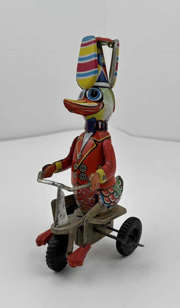 Tin Litho Duck Riding Tricycle Toy (1 of 6)