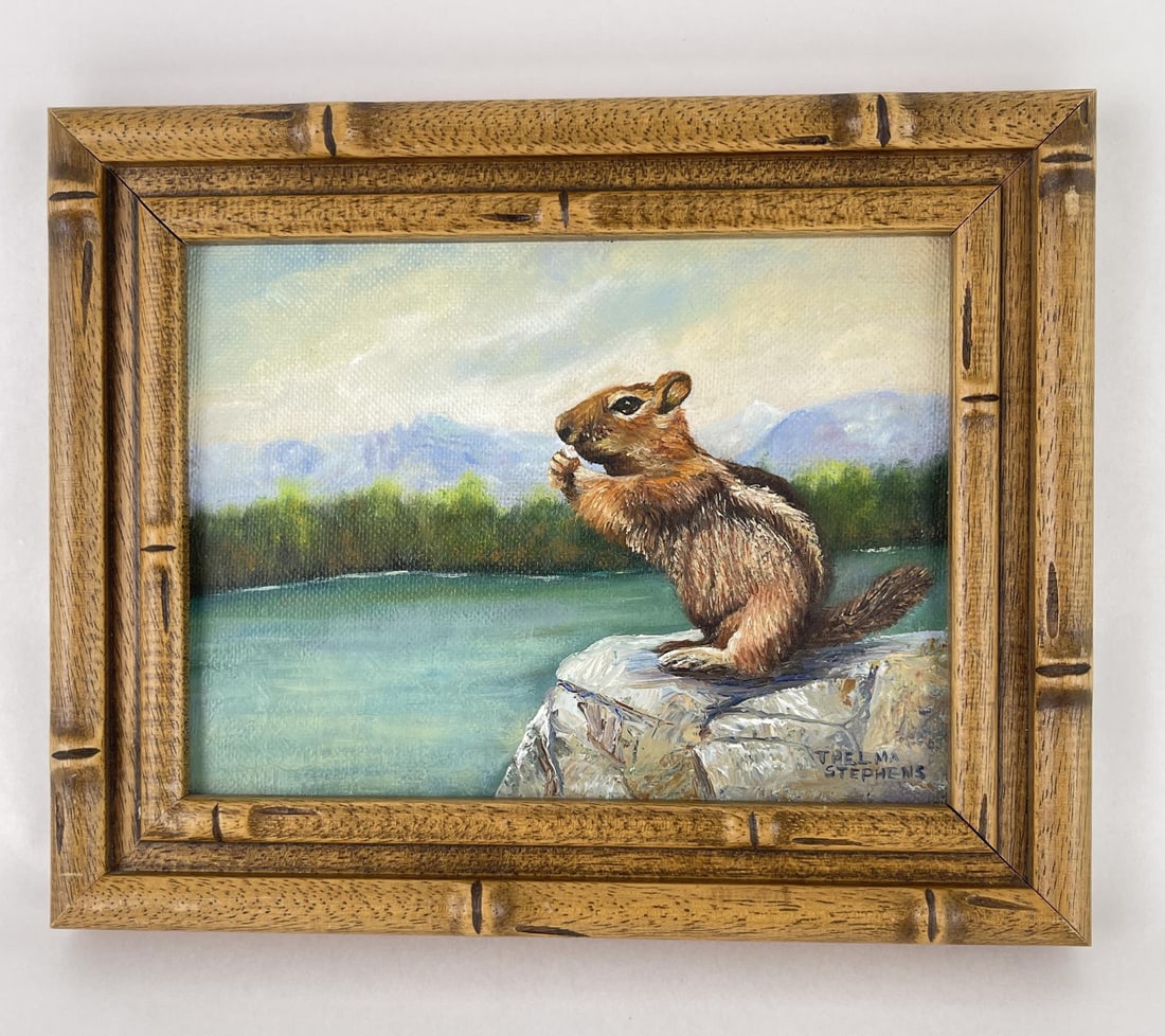 Thelma Stephens Montana Chipmunk Painting: 10 1/8" by 8 1/8" framed