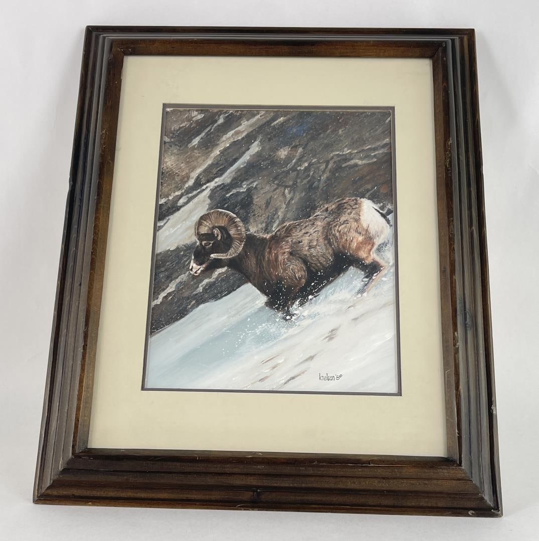 Katherine Nelson Gouache Big Horn Sheep Painting: 16 3/4" by 13 1/2" framed. Katherine Nelson (20th century) was active/lived in Tennessee, California. Katherine Nelson is known for Painting. Resident of Los Angeles in 1918-21.