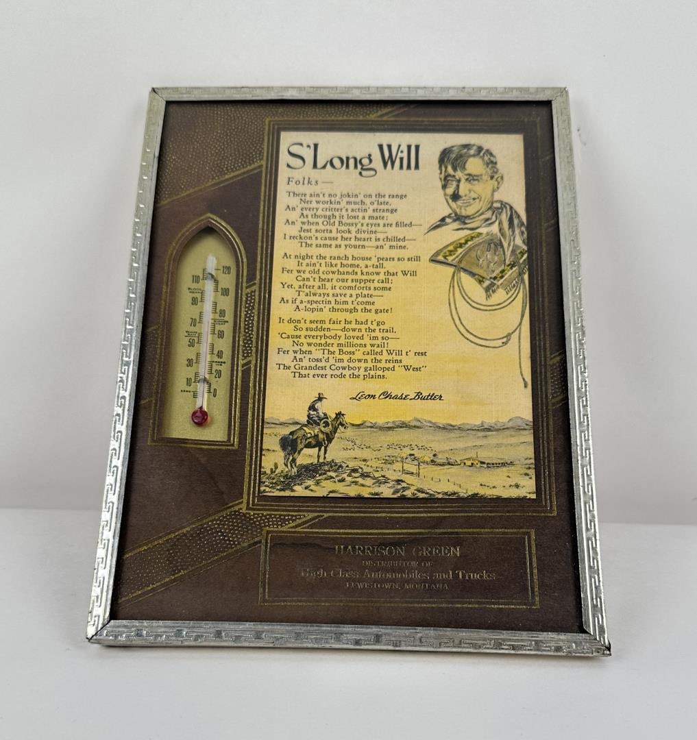 Harrison Green Lewistown Montana Thermometer: Will James Poem. 6 1/8" by 8 1/8".