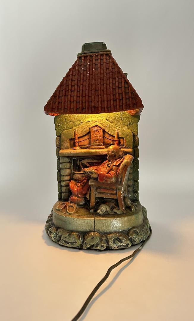Chalkware Fireplace TV Lamp: 13 5/8" tall, 8 1/8" long, 6 1/2" wide.