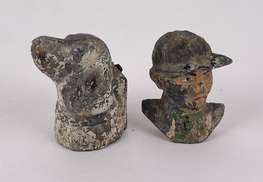 Baseball Player and Dog Pencil Sharpeners: Dog is 1 7/8" tall, 1 1/8" in diameter. Man is 1 5/8" tall, 1 1/4" long, 1/2" wide.