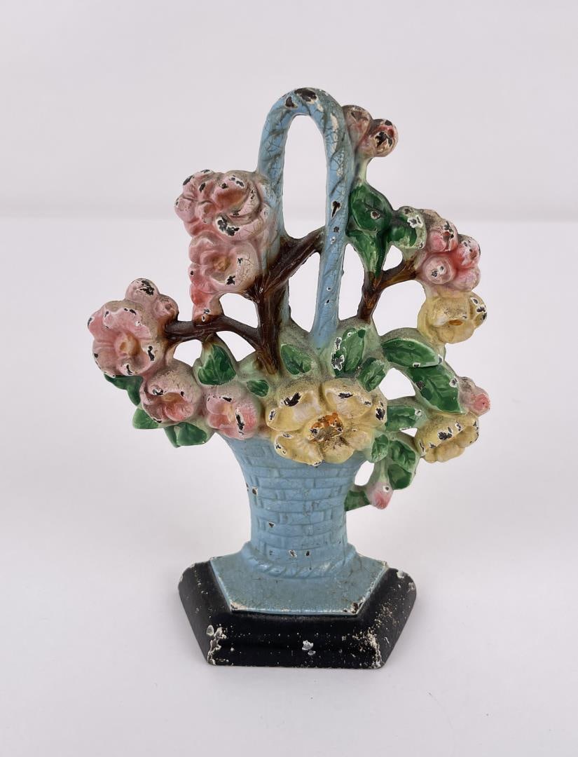 Antique Cast Iron Hubley Flower Basket Door Stop: Nice original paint. 7 1/2" tall, 5 1/4" long.