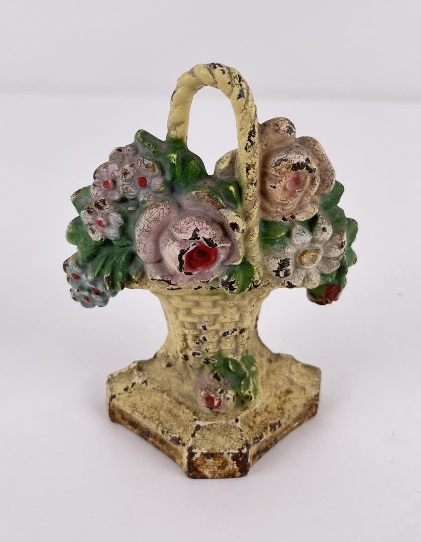 Antique Cast Iron Hubley Flower Basket Door Stop: Nice original paint. 5 5/8" tall, 4 1/4" long.