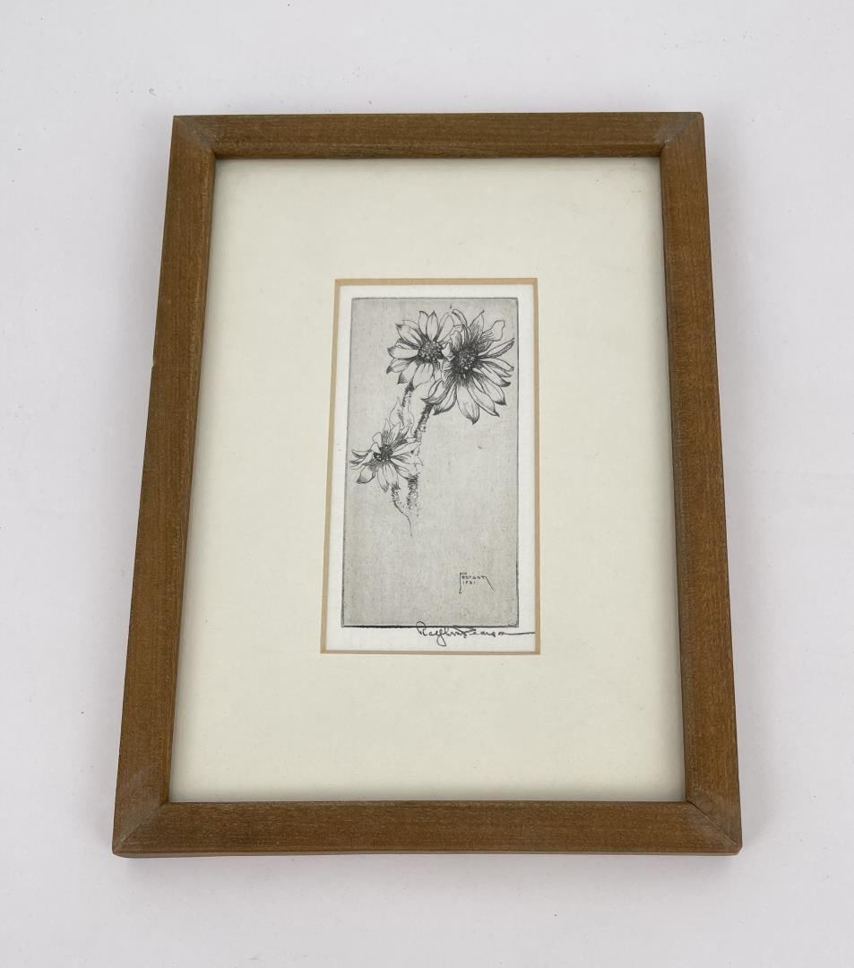 Ralph M Pearson California Sunflowers Etching: 6 1/4" by 8 1/2" framed.