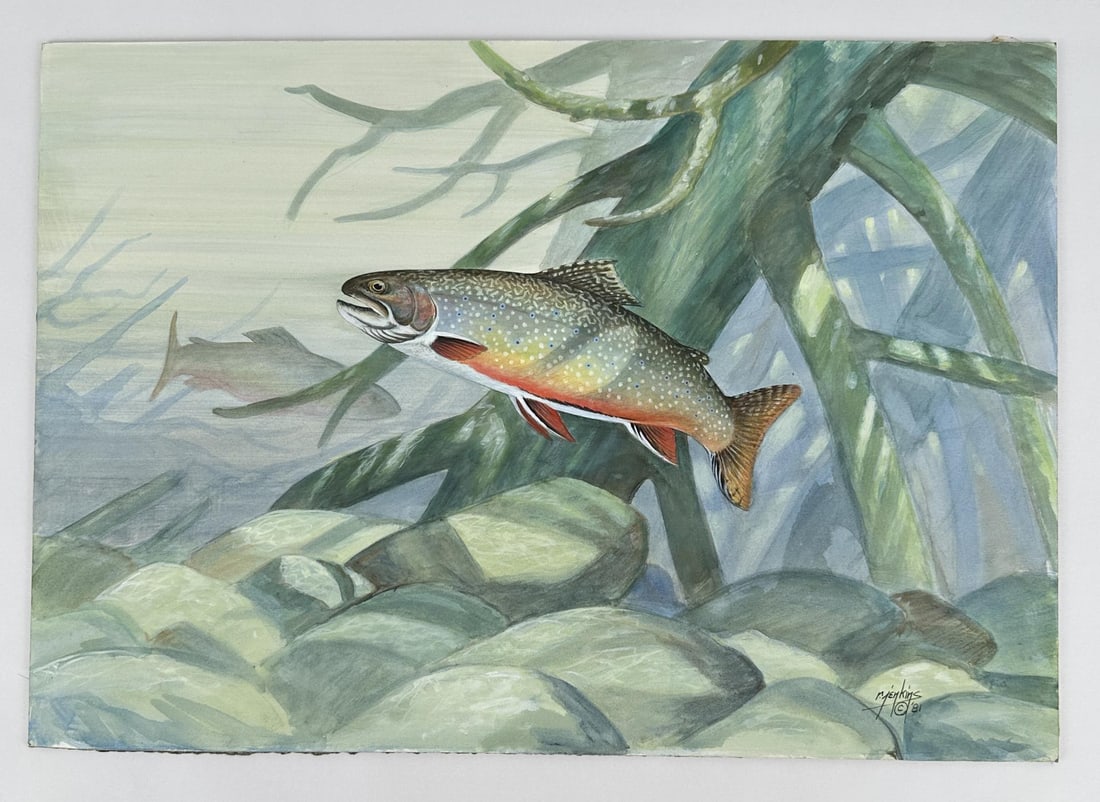 Ron Jenkins Montana Watercolor Trout Painting: Brook Trout. Watercolor on Board. 14" by 20". Ron Jenkins was born on August 18, 1932 in Pawtucket, Rhode Island and then was raised in Carlisle, Pennsylvania. He attended the Philadelphia Museum Scho
