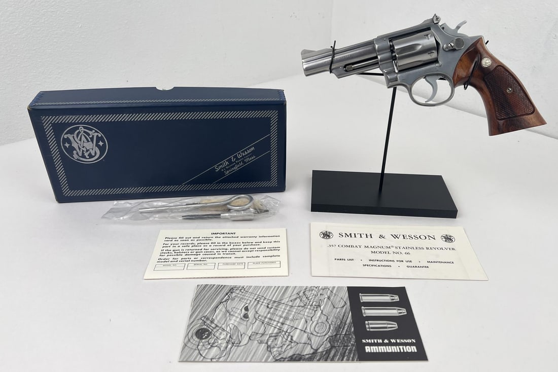 Smith and Wesson Model 66 Revolver .357 Mag: 4" barrel. Stainless Steel. Superb condition in original box. Requires FFL Transfer.