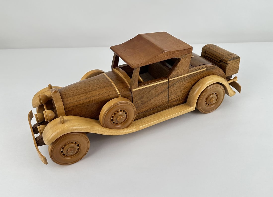 Folk Art Handmade Wooden Car: 17 3/4" long, 6 3/8" tall, 6 1/4" wide. Signed Robert Johnson