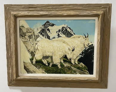 Norman Adams Mountain Goats Oil Painting: Oil on Canvas. 26 1/2" by 32 1/2" framed. 18" by 24" unframed. Norman Adams (Born 1933) is active/lives in United States. Norman Adams is known for Wildlife in landscape.