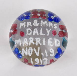 Marcus Daly Hamilton Montana Paperweight: Was given to Margaret Price Evans Daly to commemorate her child's marriage November 19 1913. It was acquired directly from the Daly Mansion sale in Hamilton Montana years ago. 3.5" diameter.