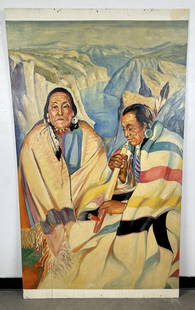 Manner of Winold Reiss Glacier Park Painting: Oil on Board. 42 1/2" by 73". Panel features two Indians smoking, the park's vast mountain range sprawls behind them. Indians featured are: Big Face Chief; Arrow Top. Provenance: Ex Stainsby Collectio