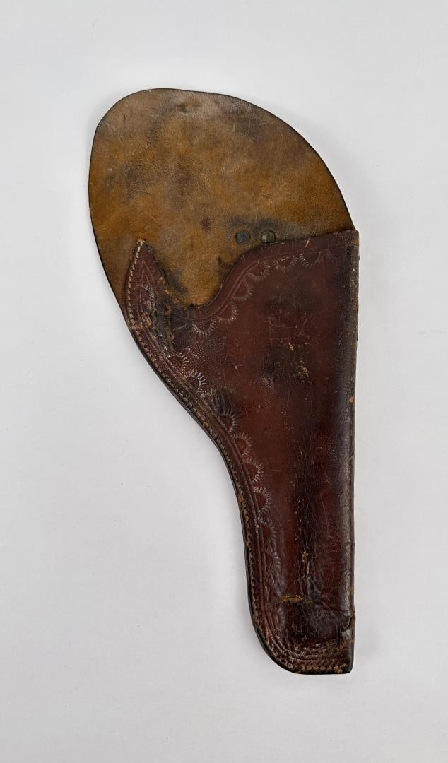 Antique Colt Slim Jim Leather Pistol Holster: 11 7/8" long, 5" wide. Marked with a Dog Head.