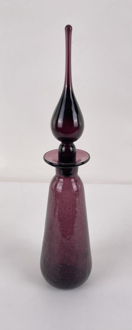 Blenko Art Glass Plum Crackle Decanter: 17 1/8" tall, 3 7/8" in diameter.