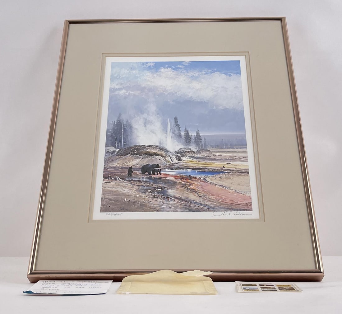 Michael Coleman Print Bears In The Upper Geyser: 566 of 4185. Framed dimensions 20 1/4" by 16 1/4".