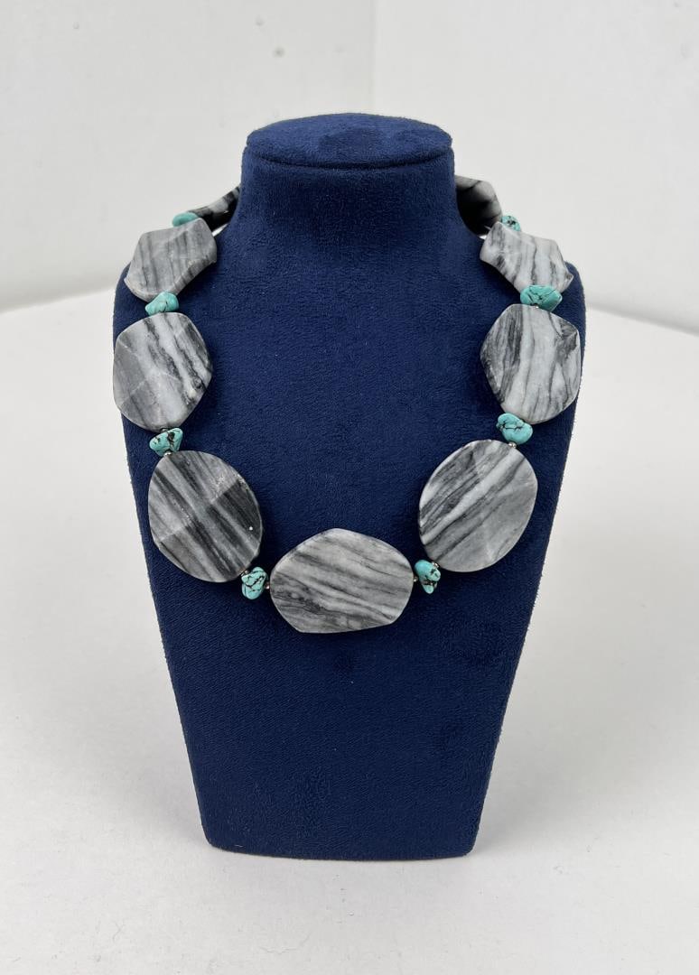 Granite and Howlite Necklace: 18 7/8" long when open.
