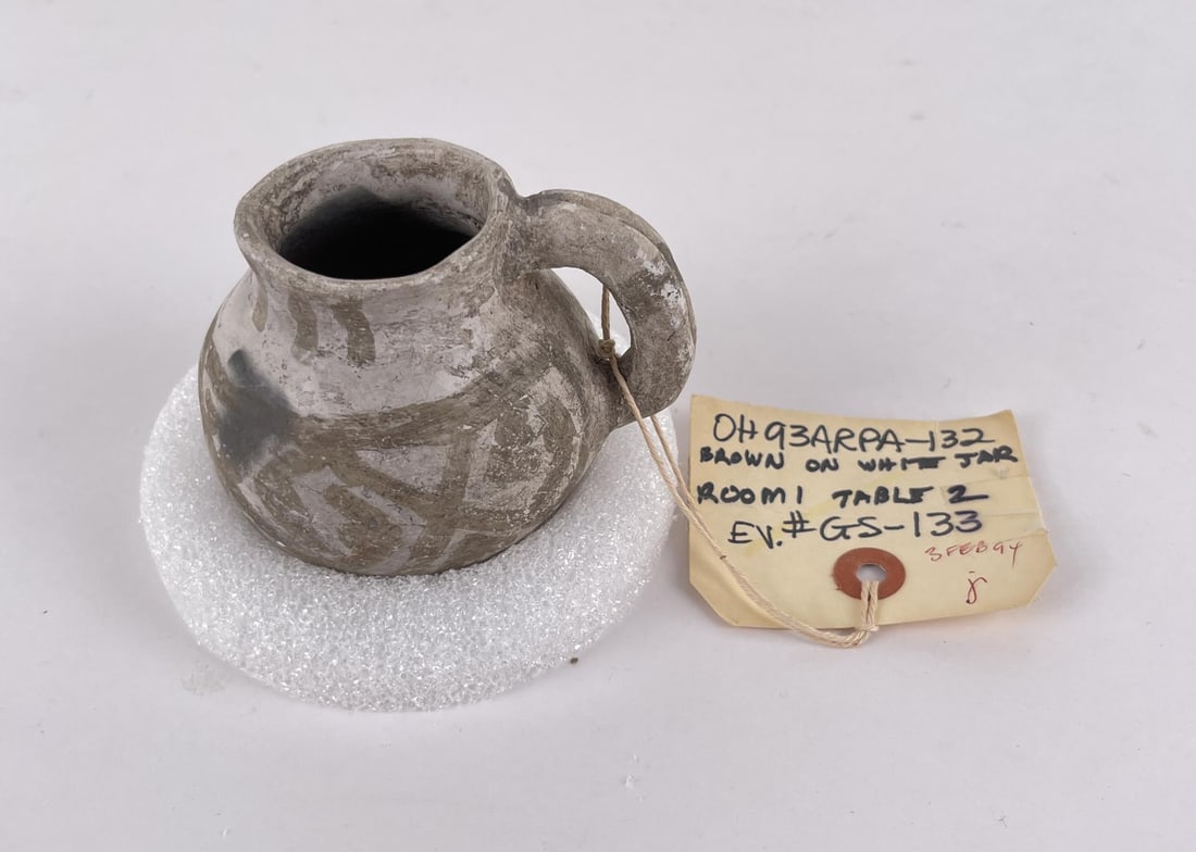 Ancient Anasazi Chaco Pottery Handled Jar: 3 1/2" tall, 3 1/4" wide, 3 1/8" long.