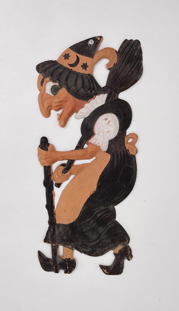 Antique German Halloween Die Cut Witch: 15 1/2" long, 6 1/2" wide