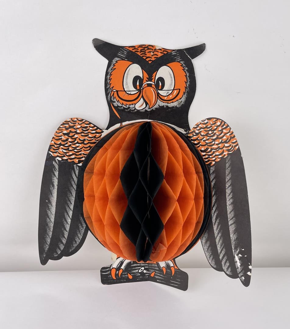Vintage Halloween Honeycomb Owl Decoration: 13 7/8" tall, 12 5/8" long, 4 1/8" wide. 13 7/8" tall, 9 5/8" long, 1/4" wide while folded