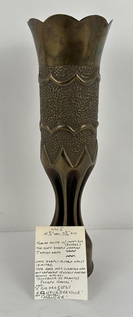 WW1 WWI 75mm Trench Art Shell Case: 14 1/4" tall.