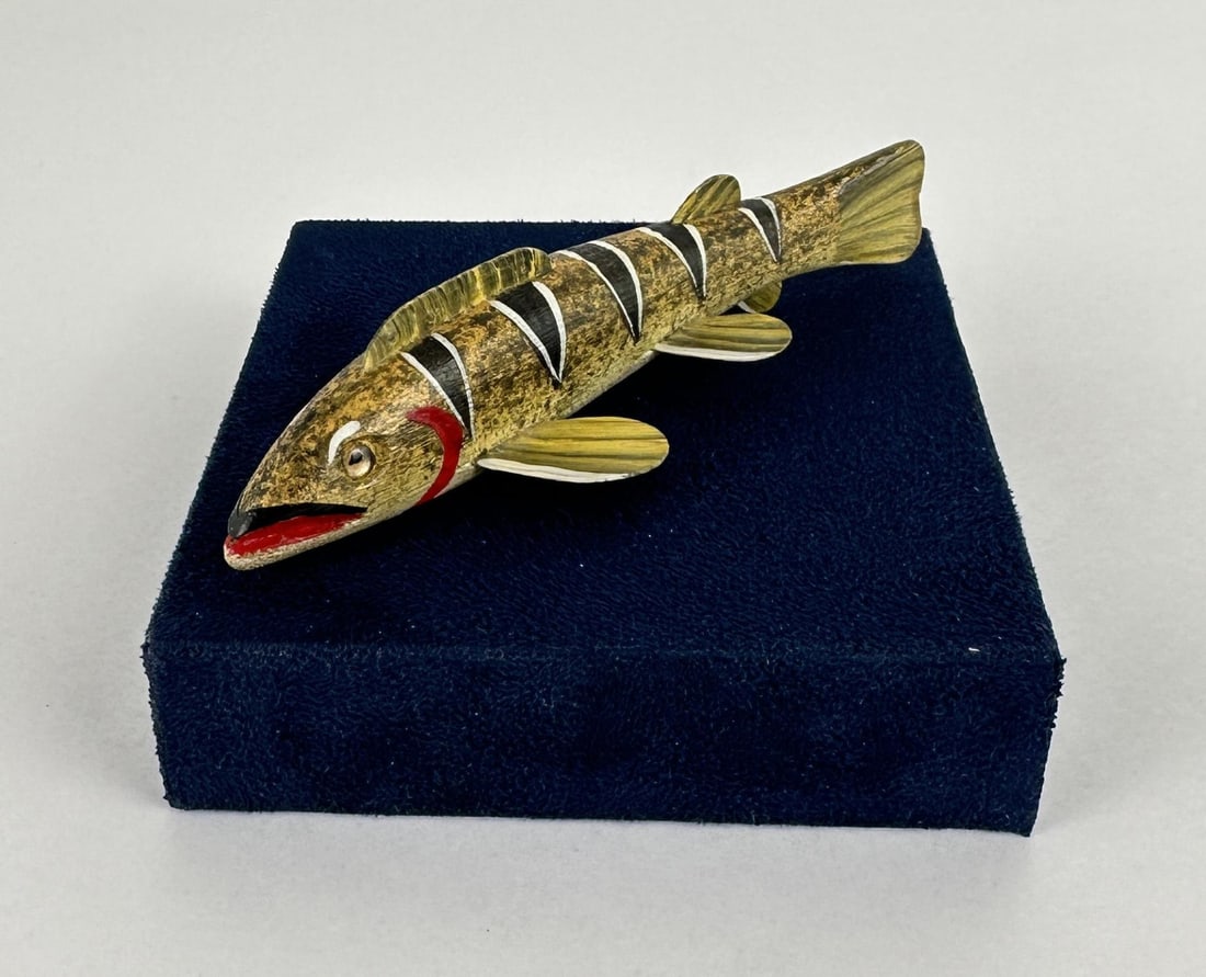Gerald Finch Cadillac Perch Fish Spearing Decoy: Carved by Gerald Finch of Afton Michigan. 4 1/2" long.