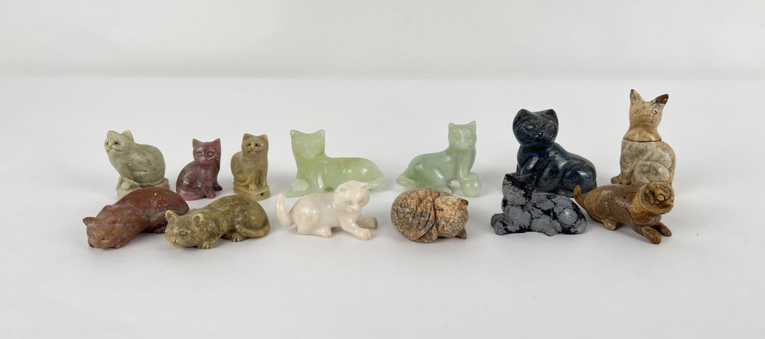 Collection of Assorted Stone Cats: Snowflake Obsidian, Sodalite, Jasper, Rhodochrosite, Jade, Soapstone and more.