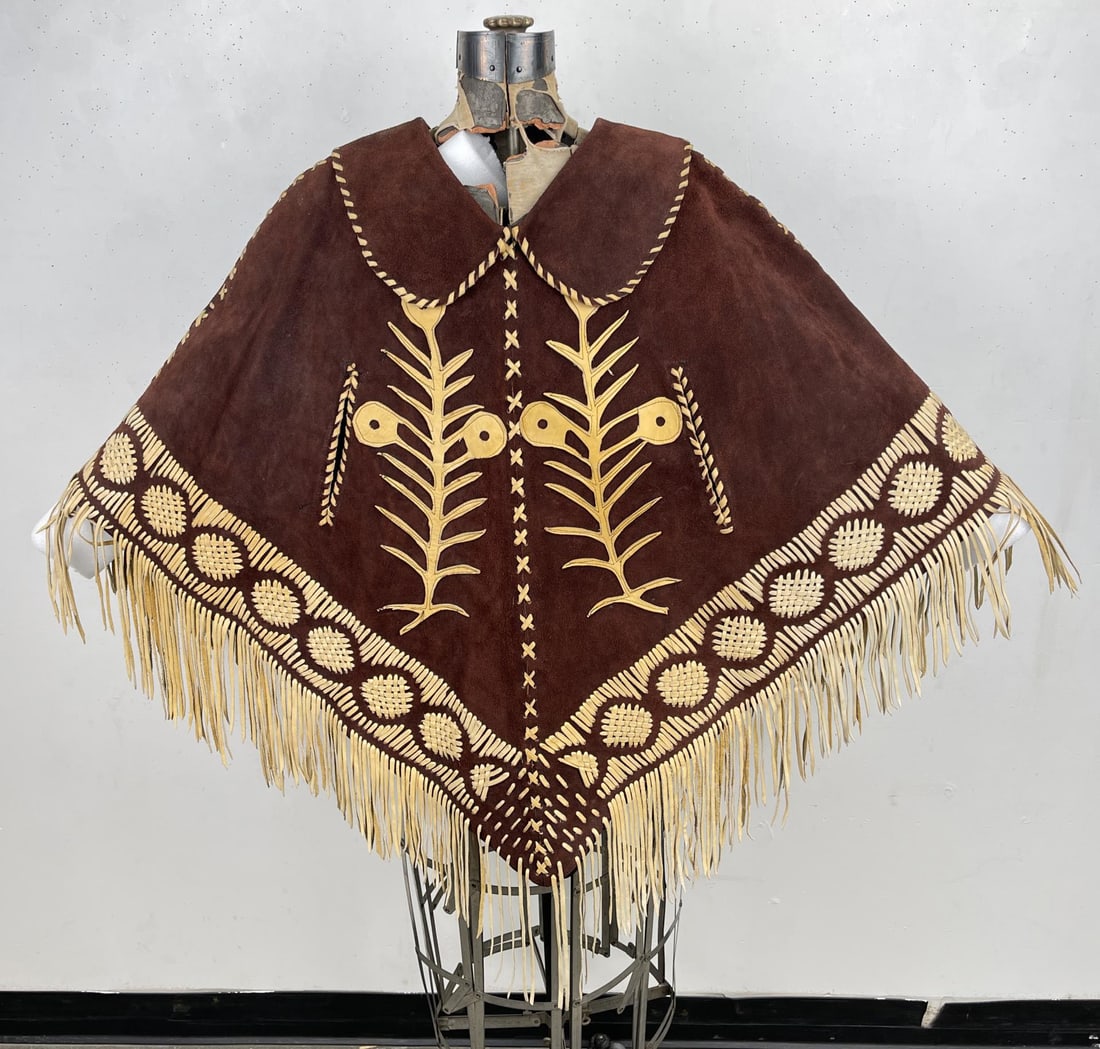 1960s Hippie Boho Suede Leather Fringe Poncho: 41" side to side, 38" long including fringe.