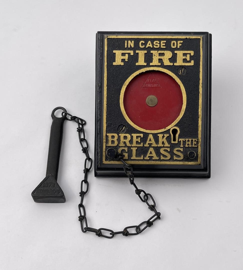 1872 Edwards Fire Alarm Cover In Case Of Fire: 5 1/4" high by 4 1/4" wide by 2" deep.