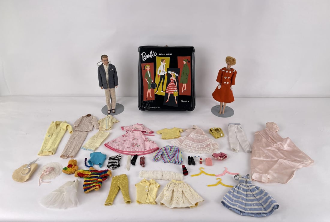 Vintage Barbie and Ken Dolls with Clothing: Very nice grouping with case.
