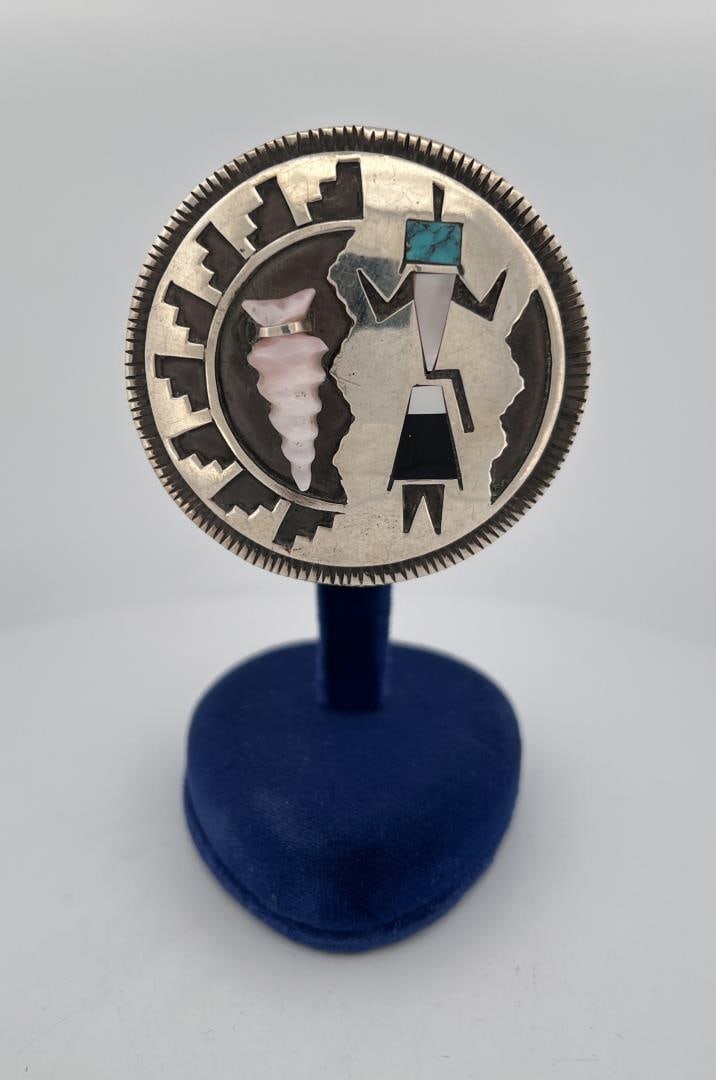 Zuni Inlaid Sterling Silver Brooch: 2 1/8" in diameter Inv: 25