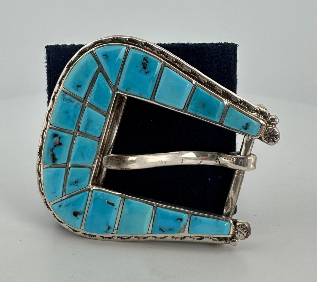 Zuni Inlaid Turquoise Sterling Belt Buckle (1 of 4)