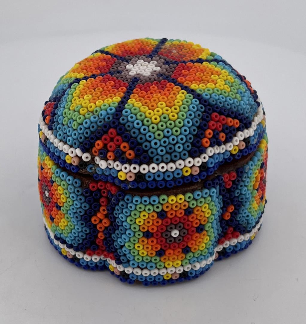 Mexican Huichol Beaded Box: 2 3/8" diameter, 1 3/4" tall.